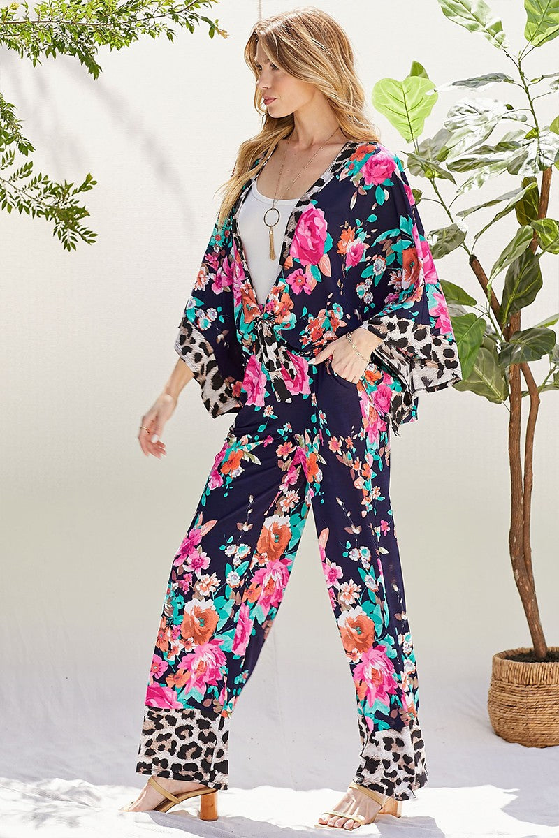 Floral & Leopard Kimono, Navy
