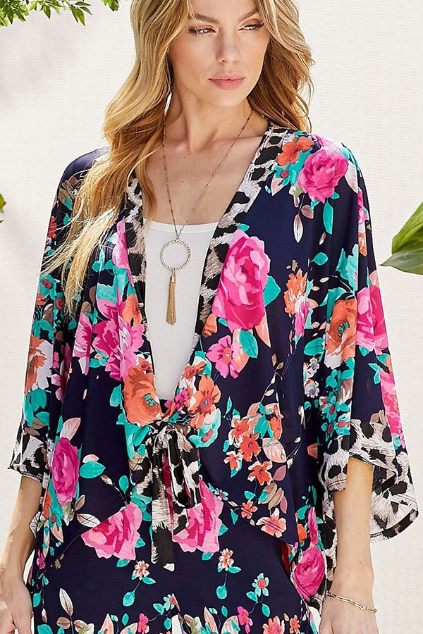 Floral & Leopard Kimono, Navy