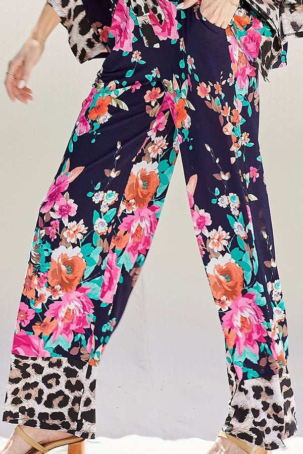 Floral & Leopard Palazzo Pants, Navy