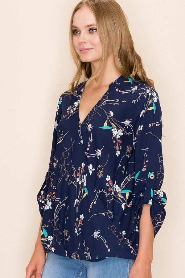 Floral Faux Wrap Blouse, Navy