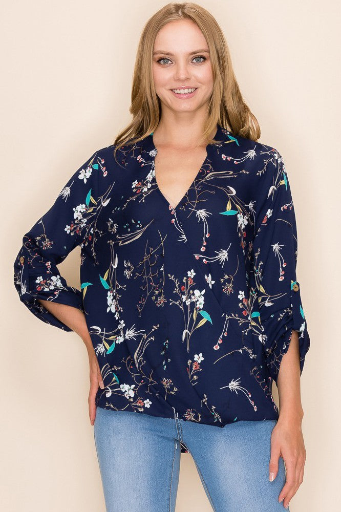 Floral Faux Wrap Blouse, Navy