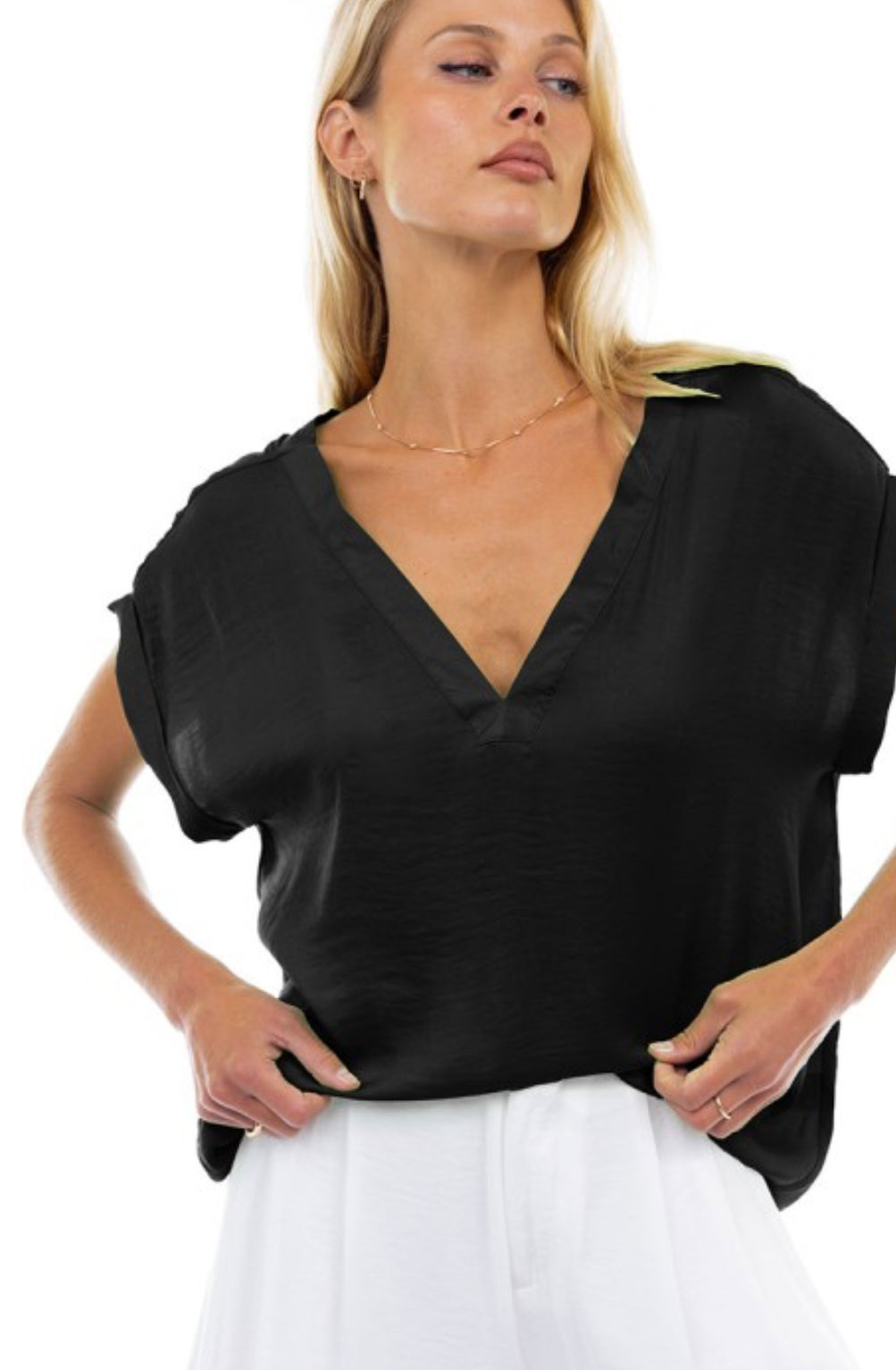 Crinkle V-Neck Blouse, Black