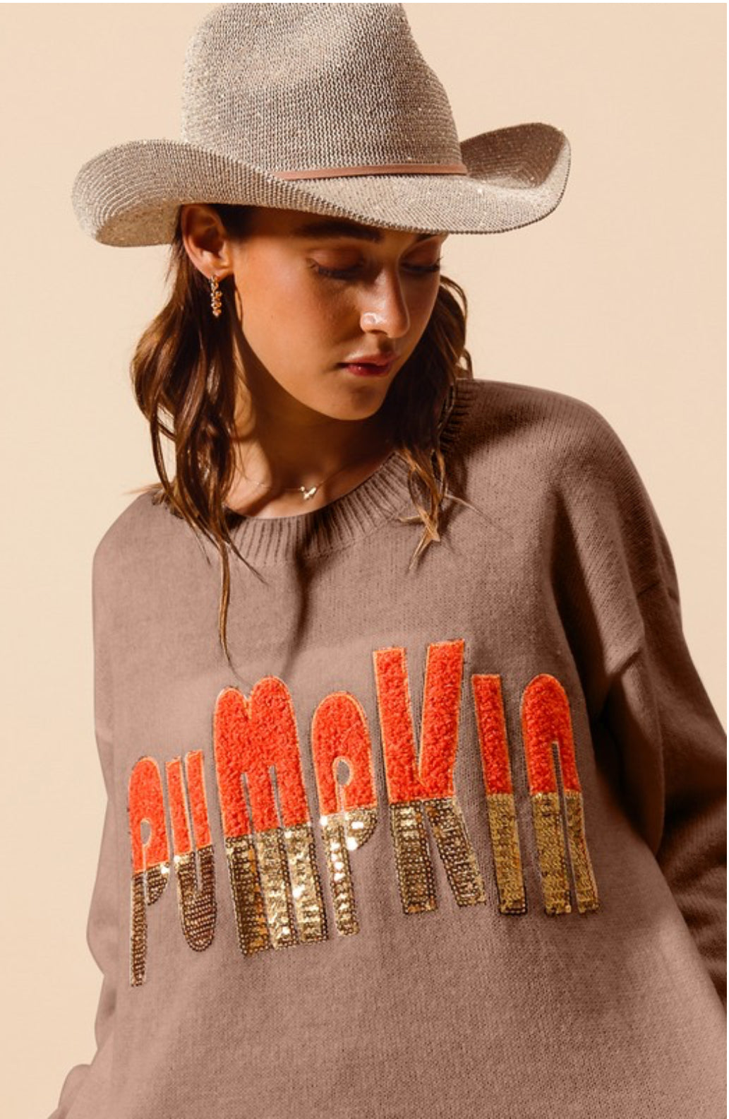 Sequin Pumpkin Sweater, Mocha