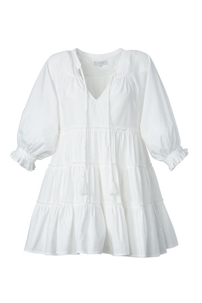 Tiered mini dress with tassel, White