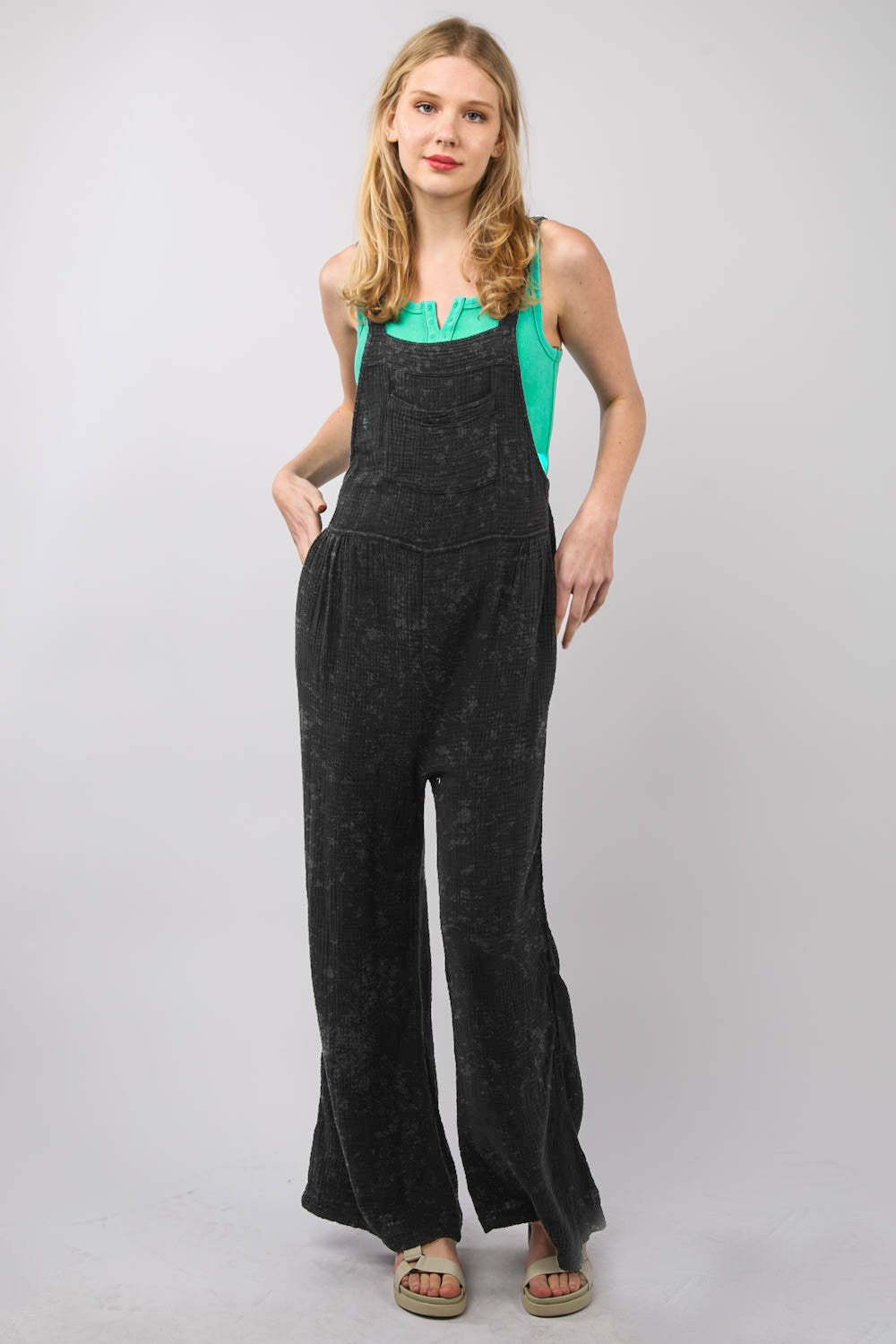 Texture Washed Wide Leg Overalls