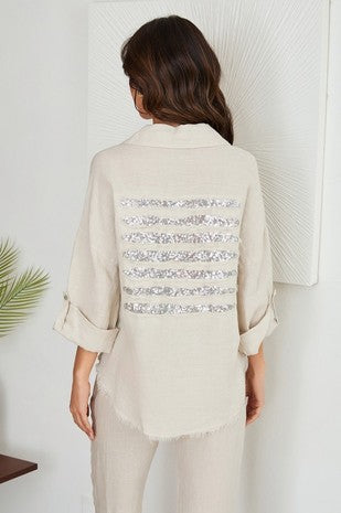 Roll-up Sleeve Sequin Back, Beige