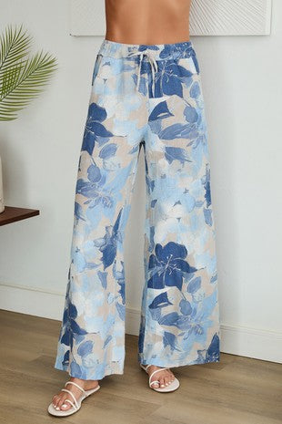 Blue Flower Print Linen Pants, Beige