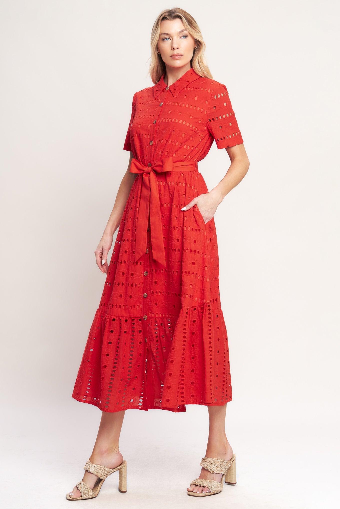 POWER SCARLET WOVEN EYELET MIDI DRESS