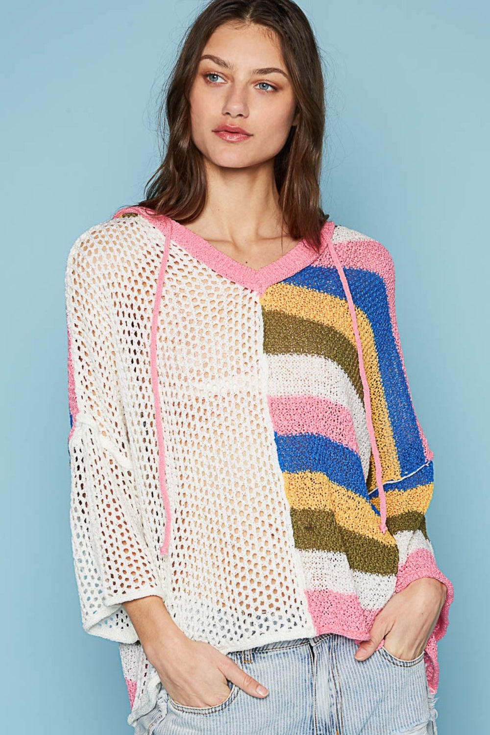 POL Color Block Hooded Knit Top