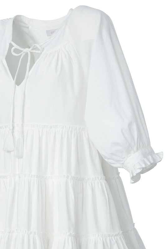 Tiered mini dress with tassel, White