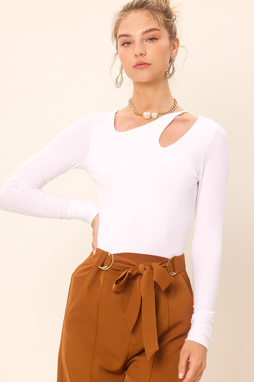 Front Cut Out Long Sleeve Knit Top, White