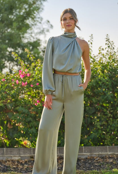 Satin Drawstring Pants, Sage