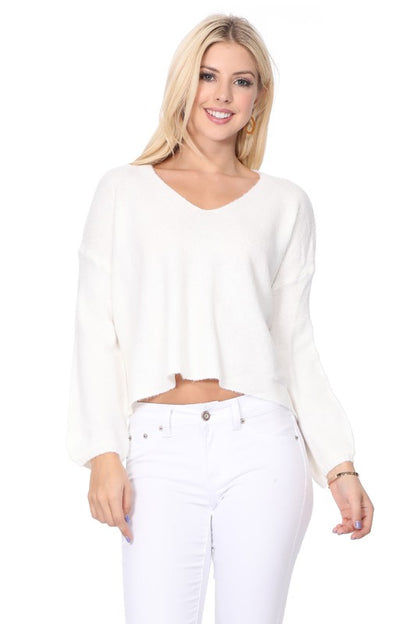 Wide V-Neck Oversized Sweater Top w. Side Slit