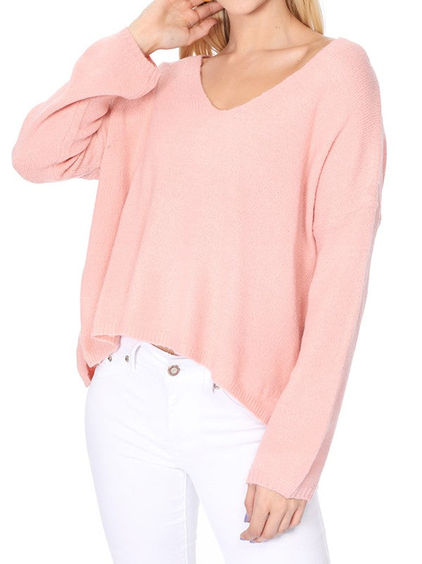 Wide V-Neck Oversized Sweater Top w. Side Slit