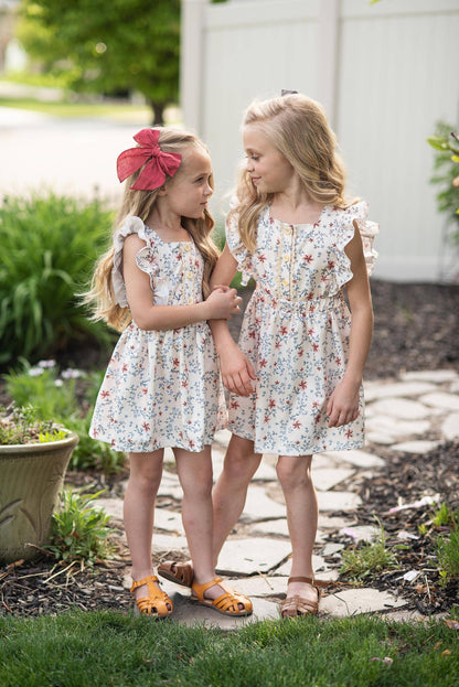 Kids Dainty Floral Print Button Pinafore Spring Easter Dress