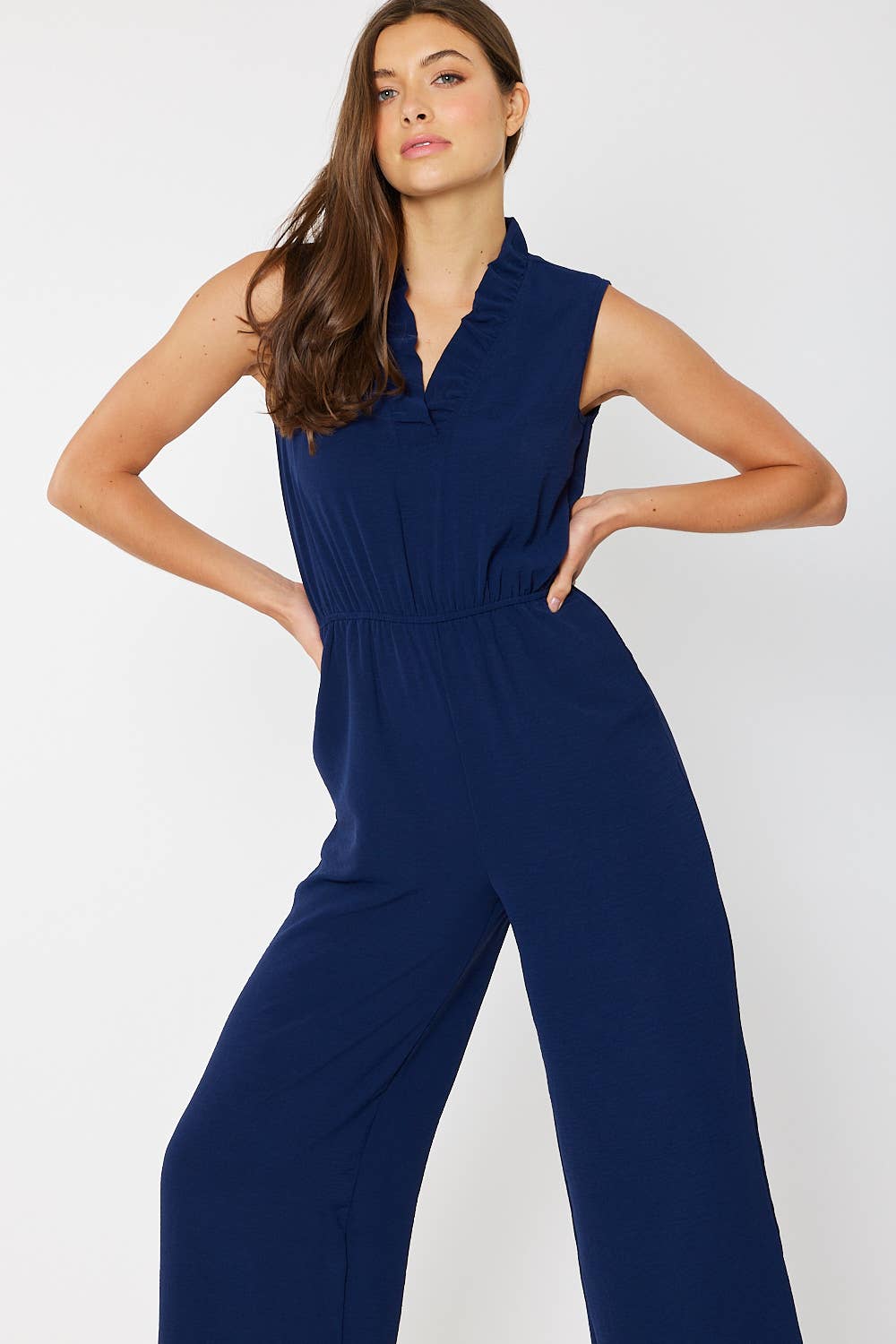 RUFFLED V NECK JUMPSUIT, NAVY