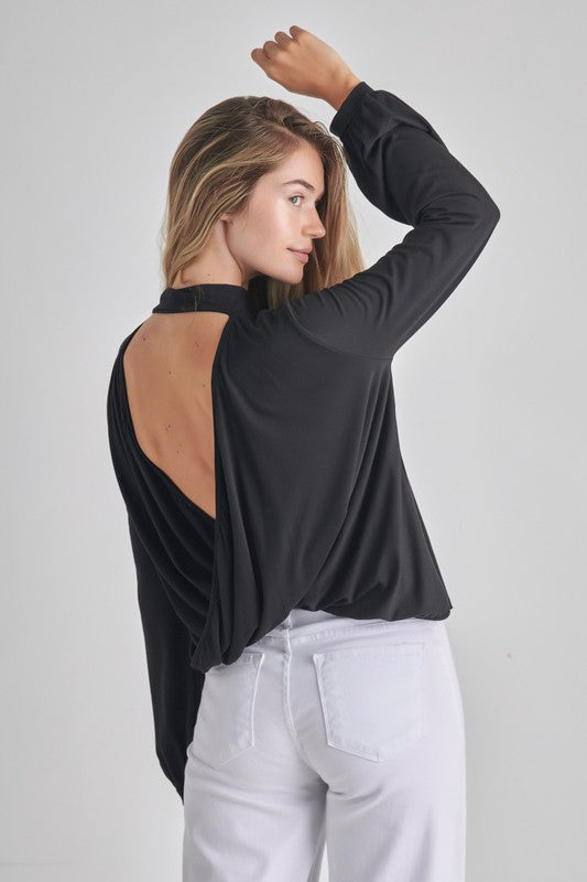 LONG SLEEVE BACK DROP MOCK NECK TOP