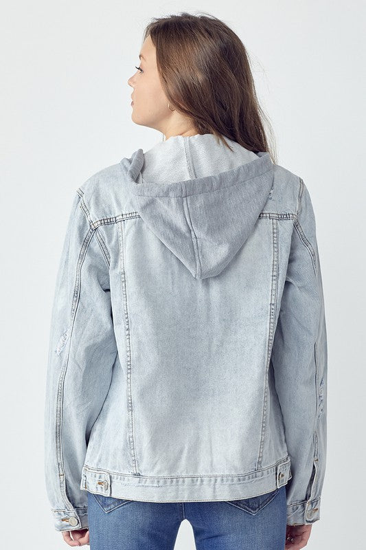 Full Size Distressed Drawstring Hooded Denim Jacket