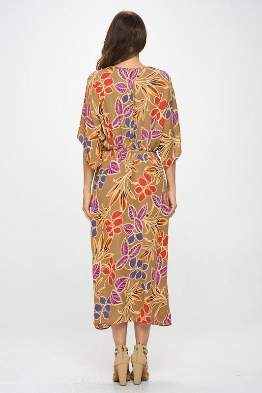 Leaf Print Kimono Dress with Front Twist