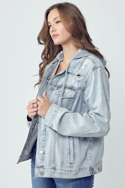 Full Size Distressed Drawstring Hooded Denim Jacket