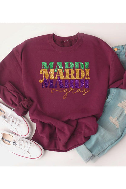 FAUX GLITTER MARDI GRAS FLEECE SWEATSHIRT