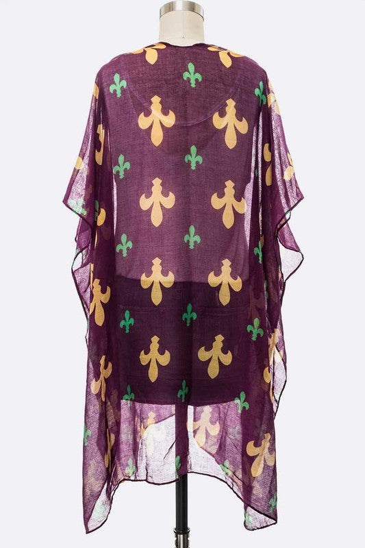 Fleur De Lis Mardi Gras Print Kimono Cardigan