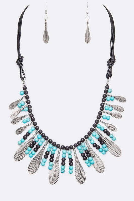 Metal Feather Mix Beads Statement Necklace Set