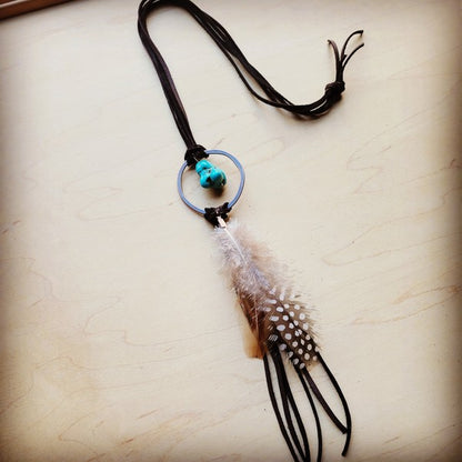 Brown Leather Necklace Blue Turquoise & Feather