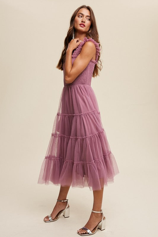 Smocked Ruffle Tiered Mesh Midi Maxi Dress