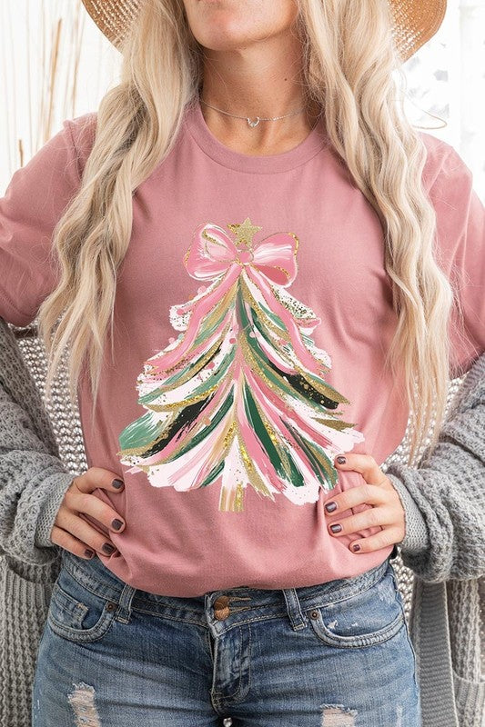 Pink Bow Christmas Tree Graphic Tee