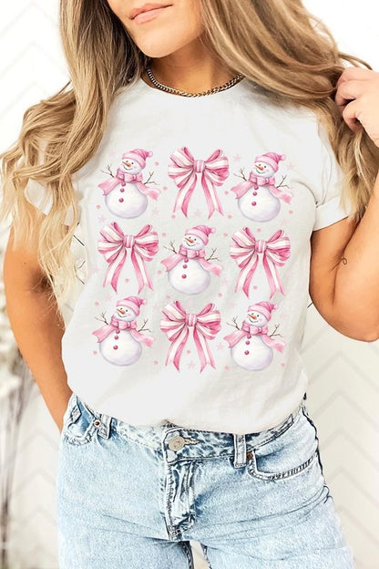 Coquette Bow Pink Snowman Graphic Tee