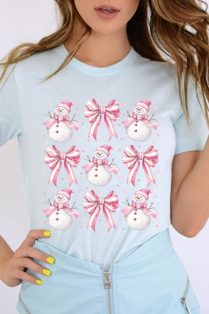 Coquette Bow Pink Snowman Graphic Tee