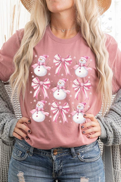 Coquette Bow Pink Snowman Graphic Tee