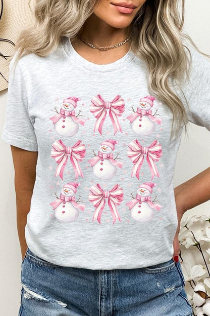 Coquette Bow Pink Snowman Graphic Tee