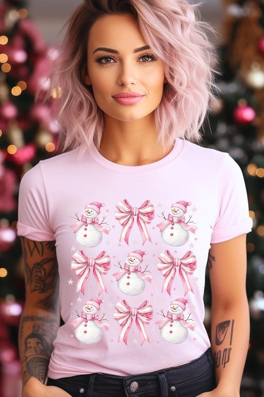 Coquette Bow Pink Snowman Graphic Tee