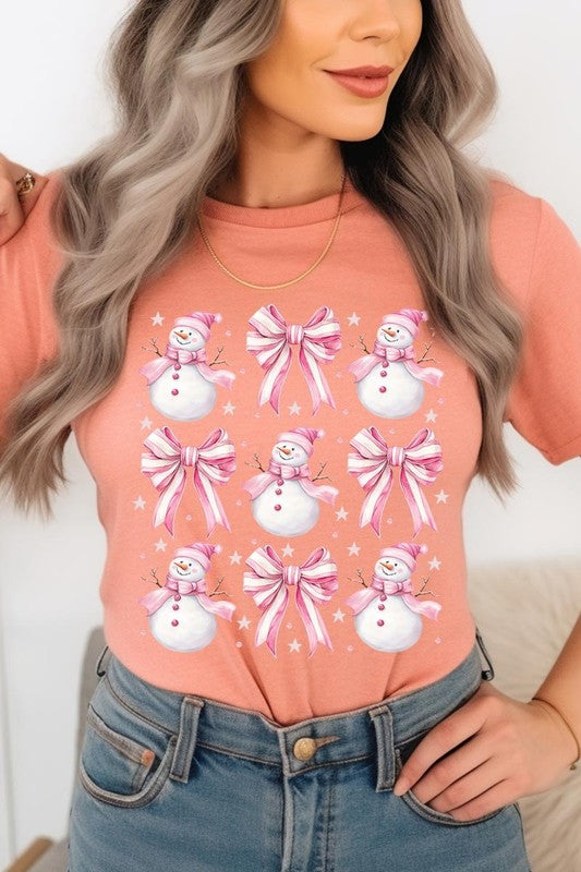 Coquette Bow Pink Snowman Graphic Tee