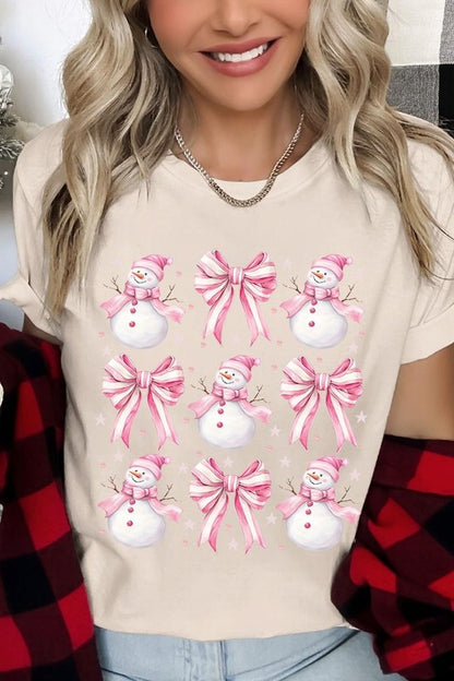 Coquette Bow Pink Snowman Graphic Tee