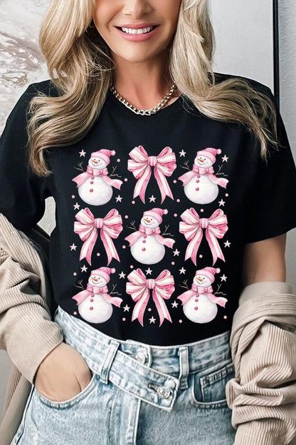 Coquette Bow Pink Snowman Graphic Tee