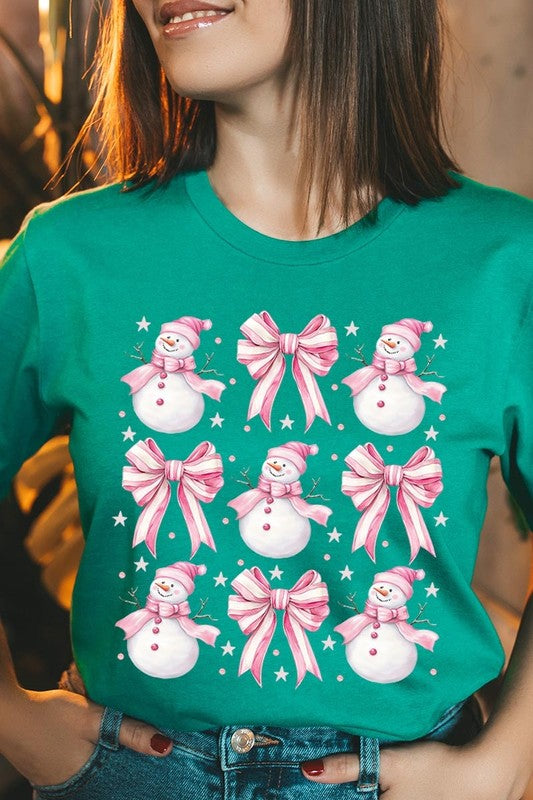 Coquette Bow Pink Snowman Graphic Tee