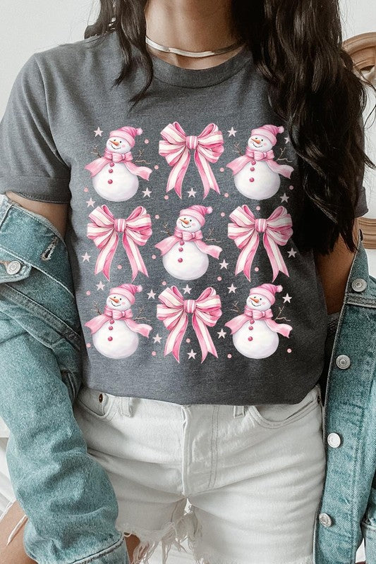 Coquette Bow Pink Snowman Graphic Tee