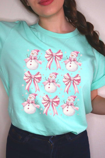 Coquette Bow Pink Snowman Graphic Tee