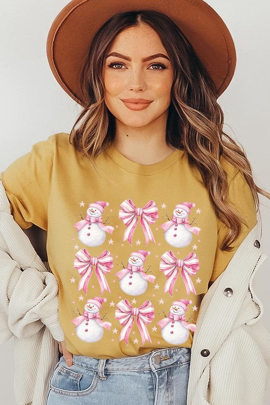 Coquette Bow Pink Snowman Graphic Tee