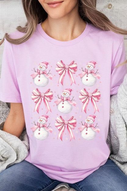 Coquette Bow Pink Snowman Graphic Tee