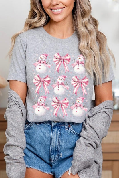 Coquette Bow Pink Snowman Graphic Tee