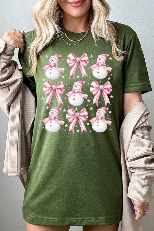 Coquette Bow Pink Snowman Graphic Tee