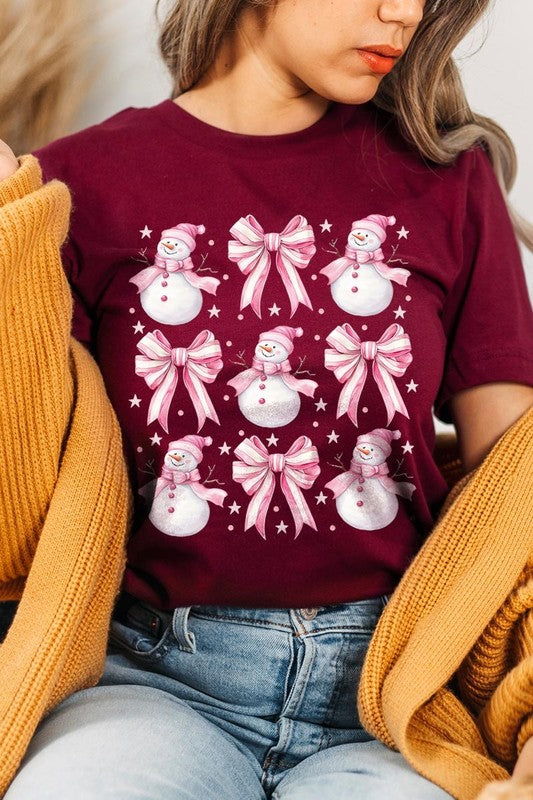 Coquette Bow Pink Snowman Graphic Tee