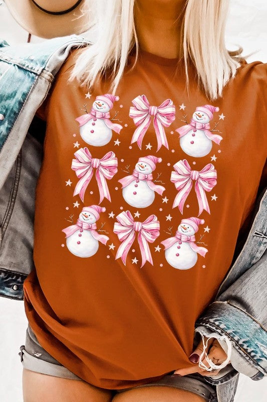 Coquette Bow Pink Snowman Graphic Tee