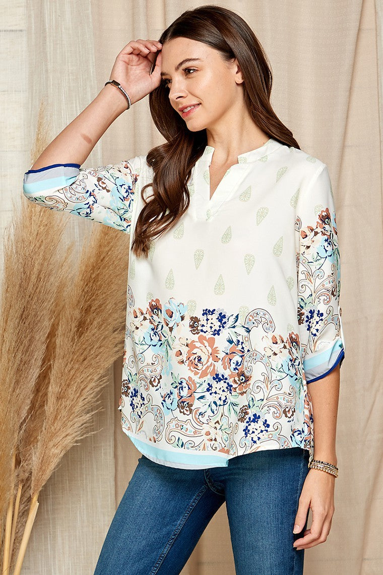 Gabby Roll-Up Sleeve Paisley Blouse
