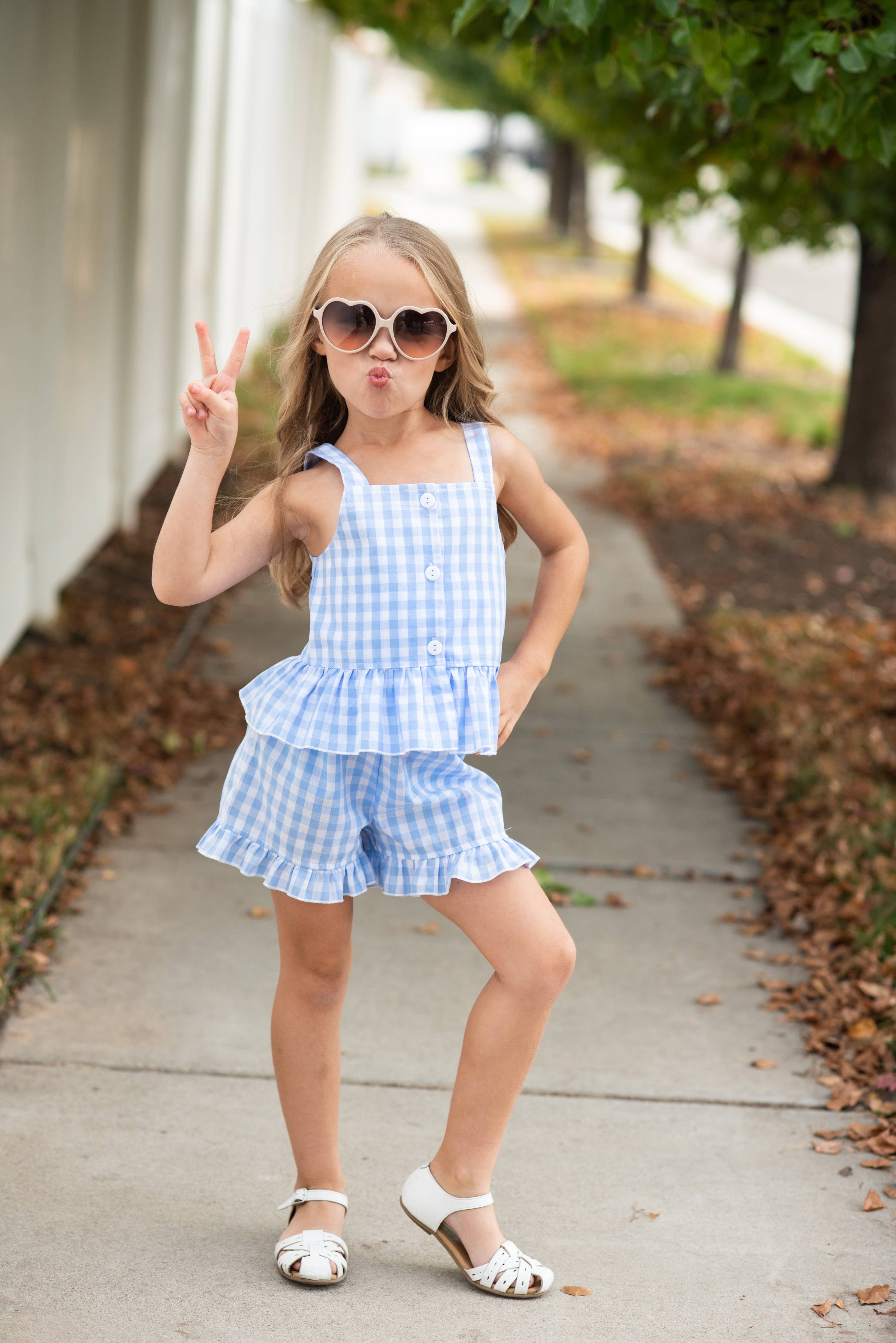 Kids Blue Check Gingham Ruffle Button Spring Short Set