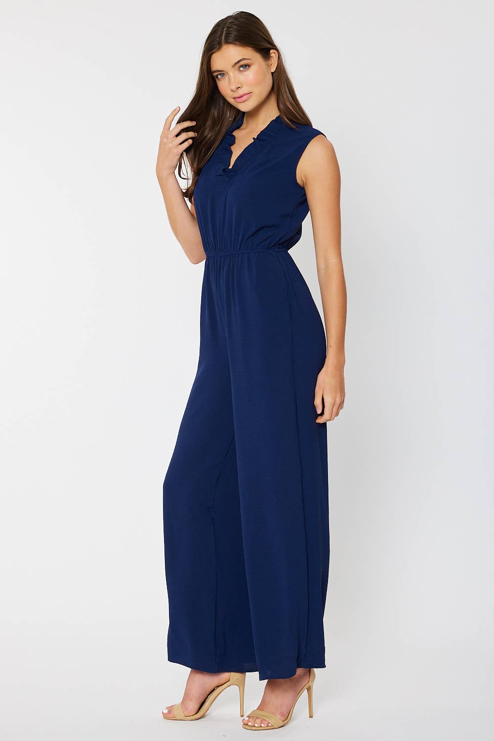 RUFFLED V NECK JUMPSUIT, NAVY